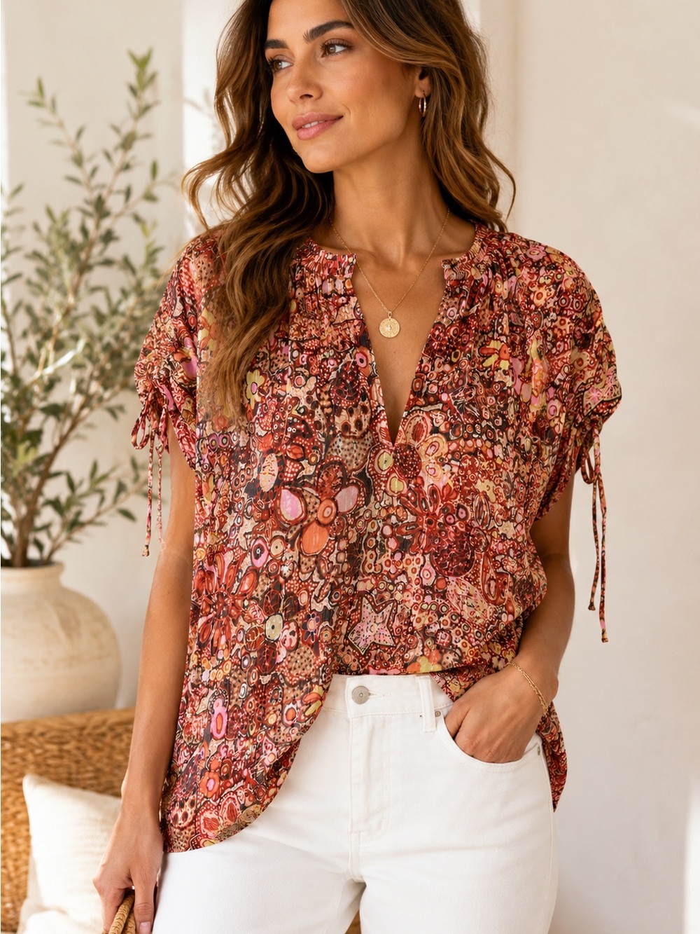 A.L.C. Silk Cotton Floral Abstract Peasant Blouse Top Size 6